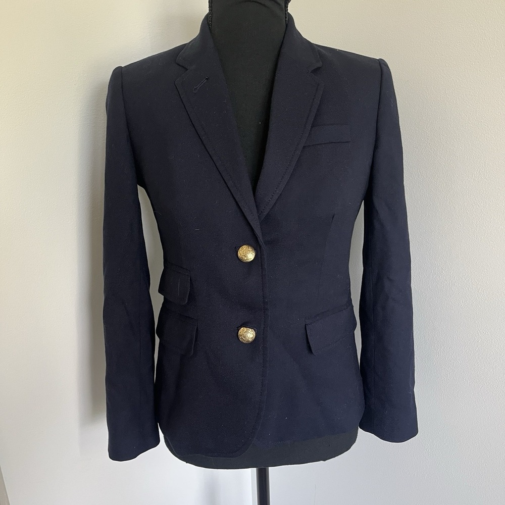 J.Crew Factory Schoolboy Blazer Sz 2P Navy Blue Gold Button Wool blend Preppy